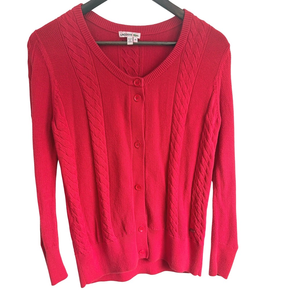 Lacoste Cardigan‎ 40 Medum Red Cable Knit Cotton Button Up V-Neck Sweater Preppy